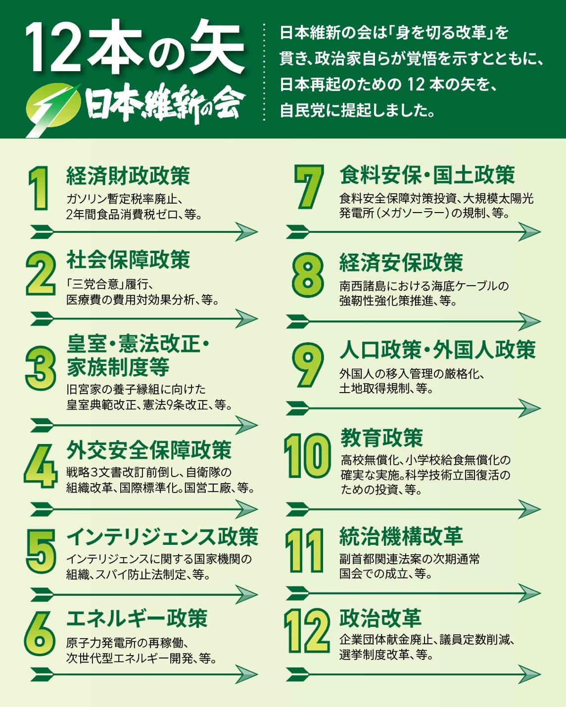 日本維新の会「12本の矢」政策協議要望に見る現実的な改革ビジョン